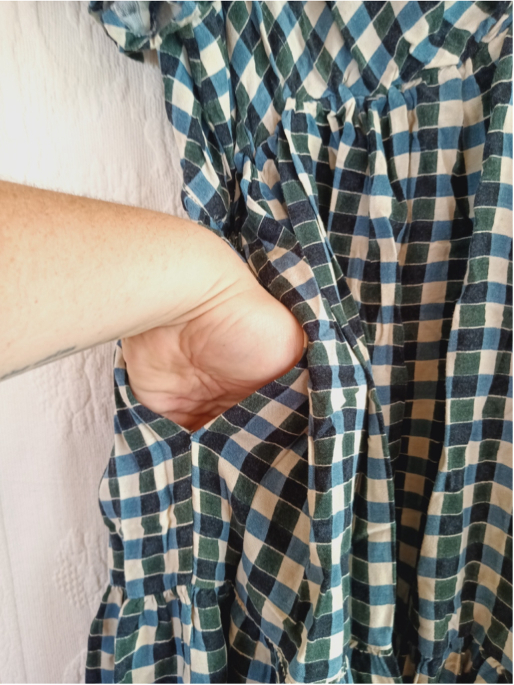Gingham Check Dress Blue Green plaid cottagecore prairie Western ruffled tiered - Picture 9 of 12
